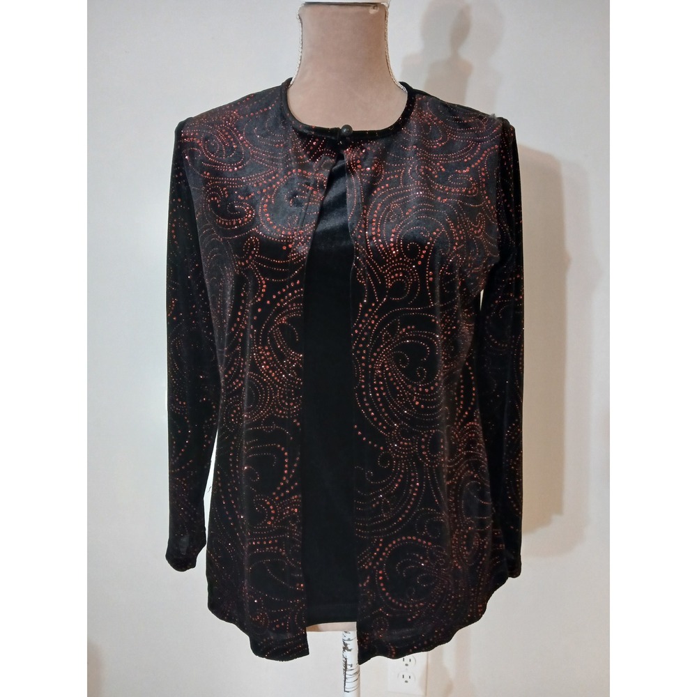 Notations Womens Black Red Glitter Paisley Velvet Top Twofer Size Small Modest